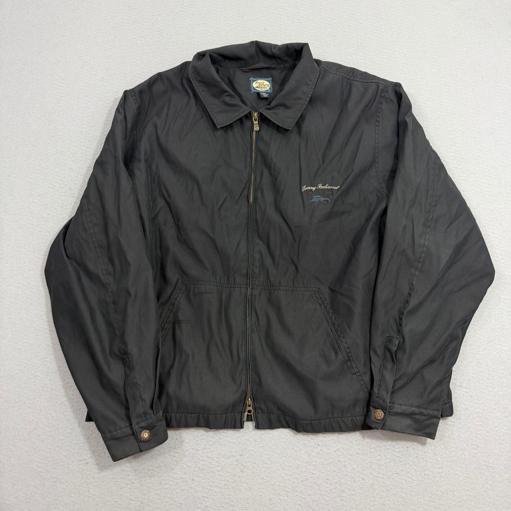 Tommy Bahama Jacket Men XL Black Full Zip Embroidered Logo Bomber Casual Vintage